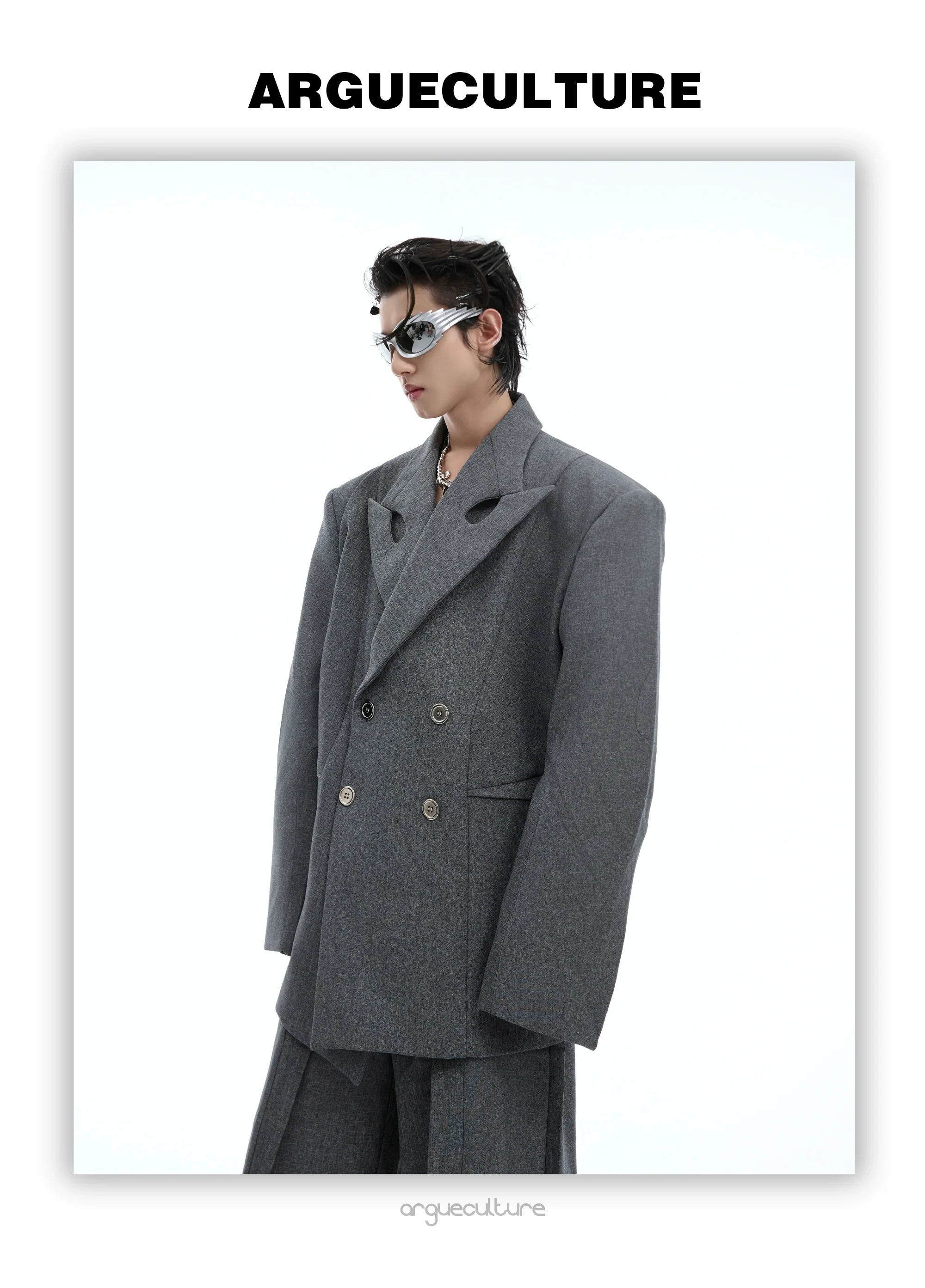 Asymmetrical Collar Blazer with Textured Fabric ¡§C Deconstructed Suit Set - ArgueCulture