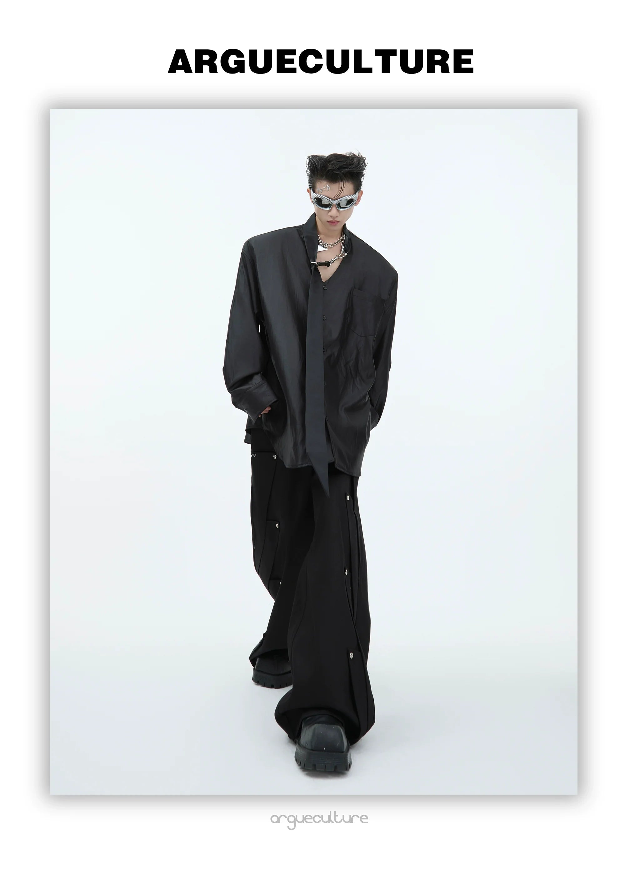 Lustrous Tie-Detailed Shirt ¡§C Modern Elegance with Metallic Accents - ArgueCulture