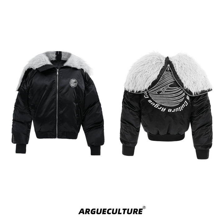 Faux Fur Bomber Jacket with Embroidered Logo - Zippered Hood for Men - ArgueCulture