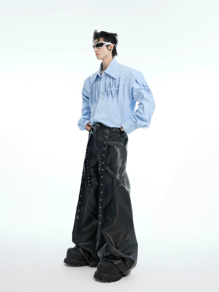 Deconstructed Punk Rivet PU Leather Wide-Leg Pants - ArgueCulture