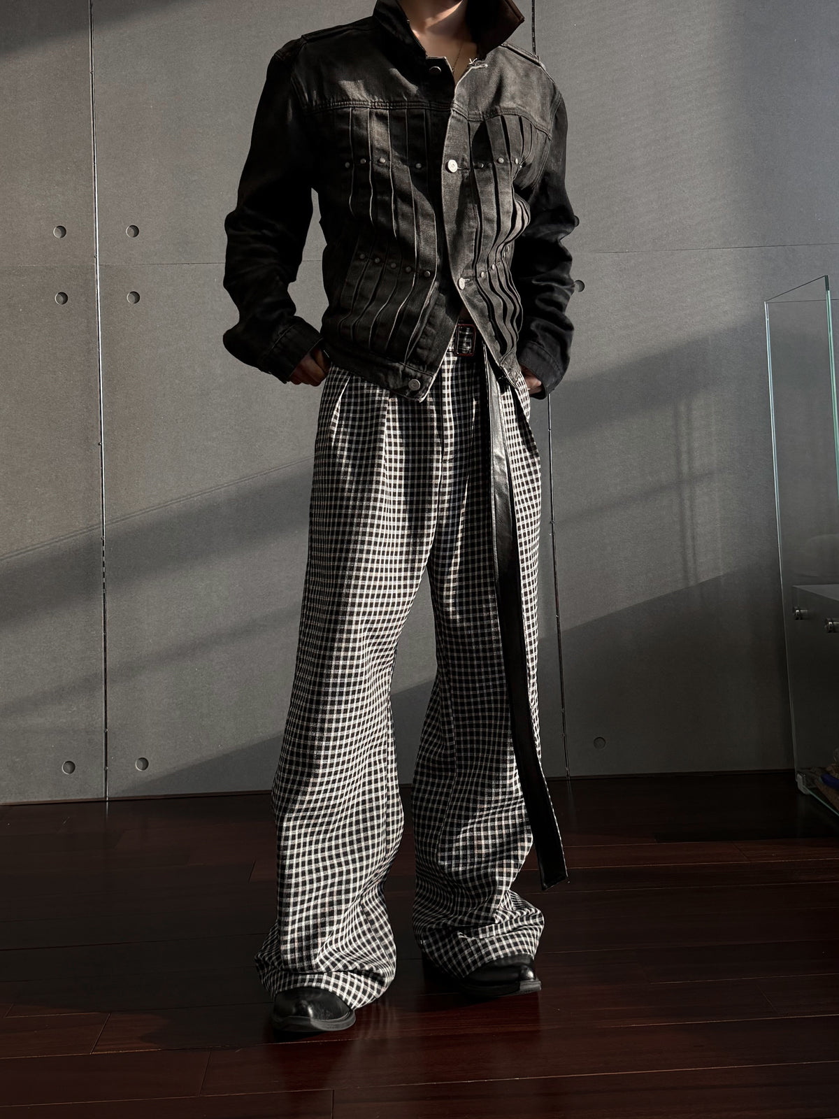 Microcheck Flared Trousers with Sash Belt - product image 1