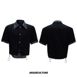 Black short-sleeve top with striped collar and cuffs, front and back views