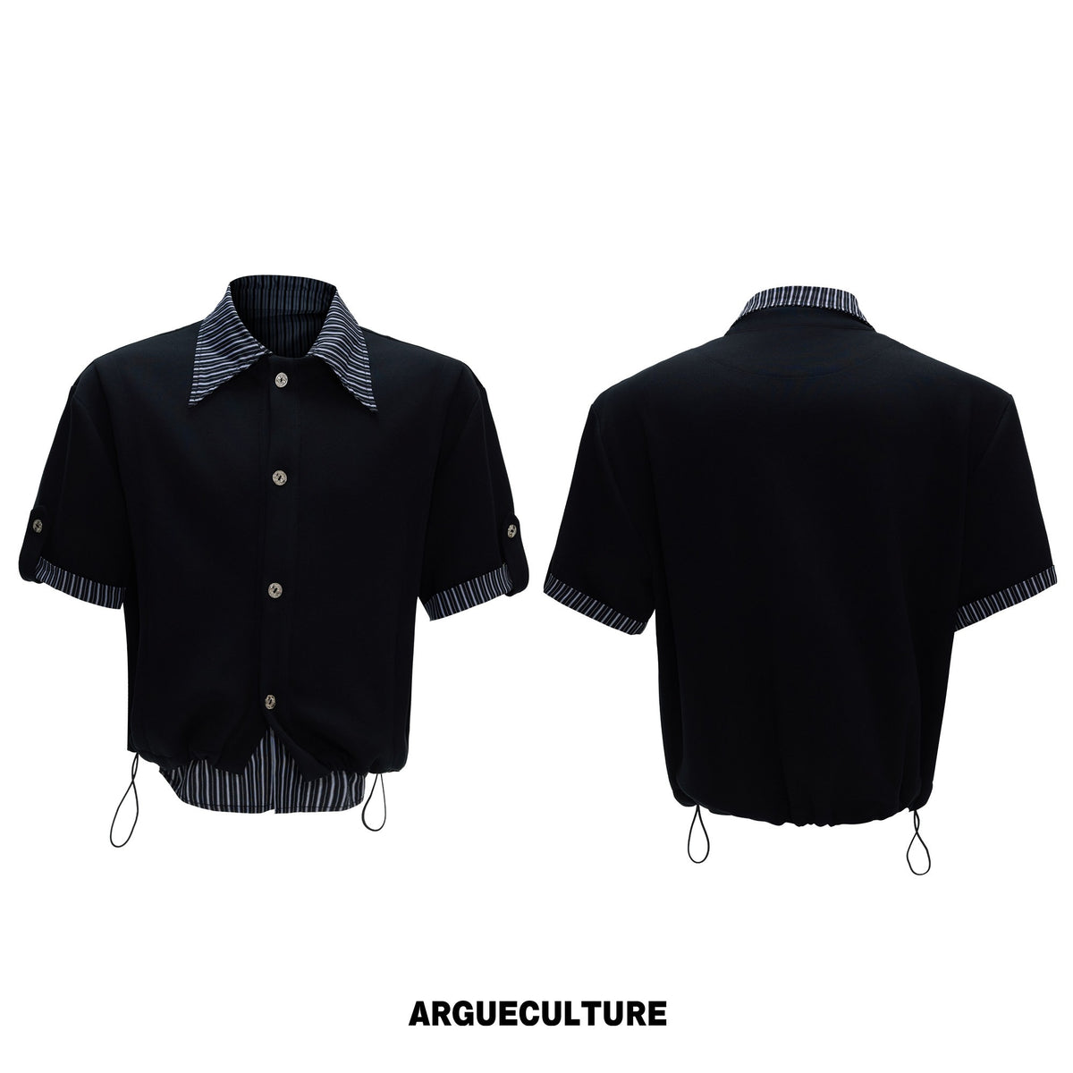Black short-sleeve top with striped collar and cuffs, front and back views