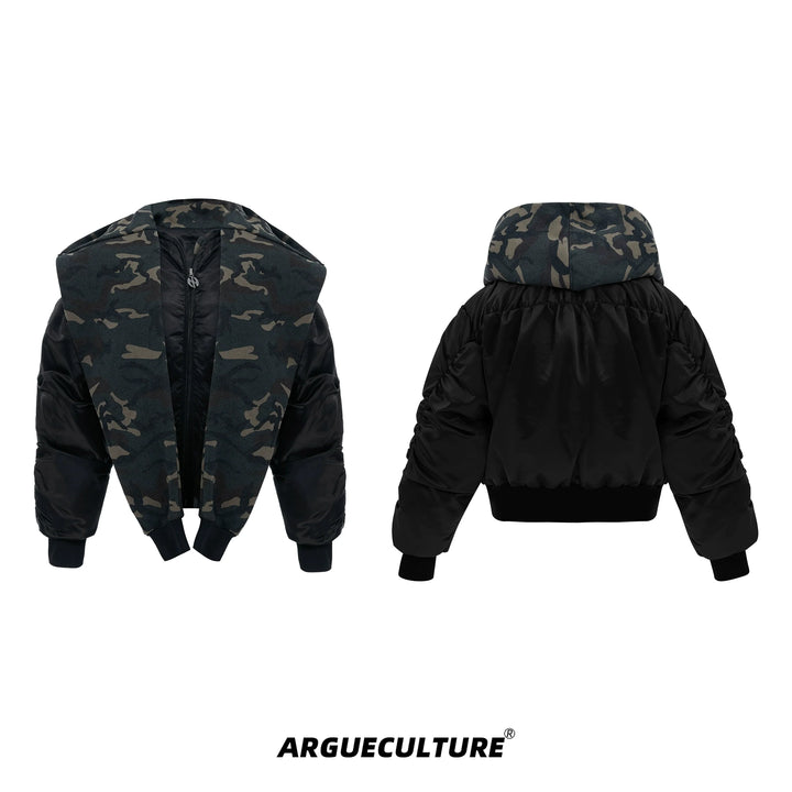 Camouflage Hooded Bomber Jacket with Quilted Sleeves - Winter Warmth - ArgueCulture