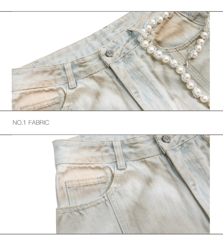 Vintage Pearl-Embellished Flared Jeans ¨C Retro Distressed Denim - ArgueCulture