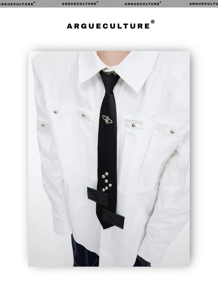 Metal Logo Black Adjustable Tie with PU Patch - ArgueCulture