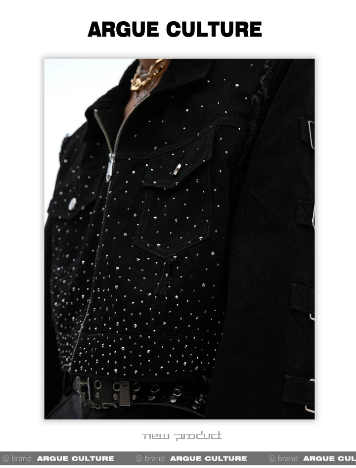 Sparkling Rhinestone Shoulder Pad Short Denim Jacket - ArgueCulture