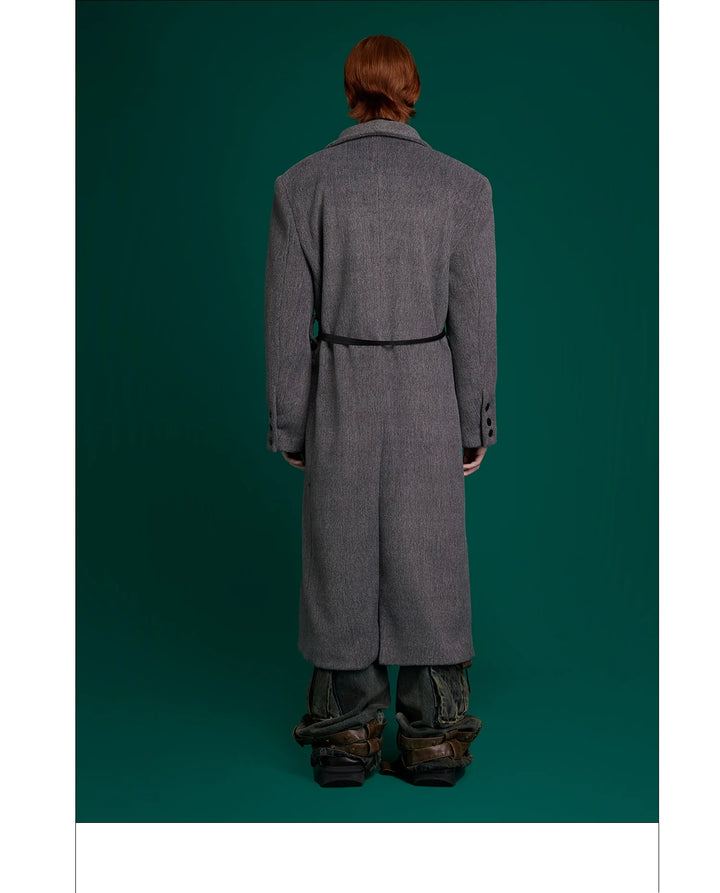 Metal Strap Wool Long Coat with Oversized Scarf Lapel - ArgueCulture