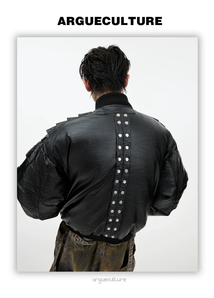 Layered Faux Leather Bomber Jacket with Metallic Accents - ArgueCulture