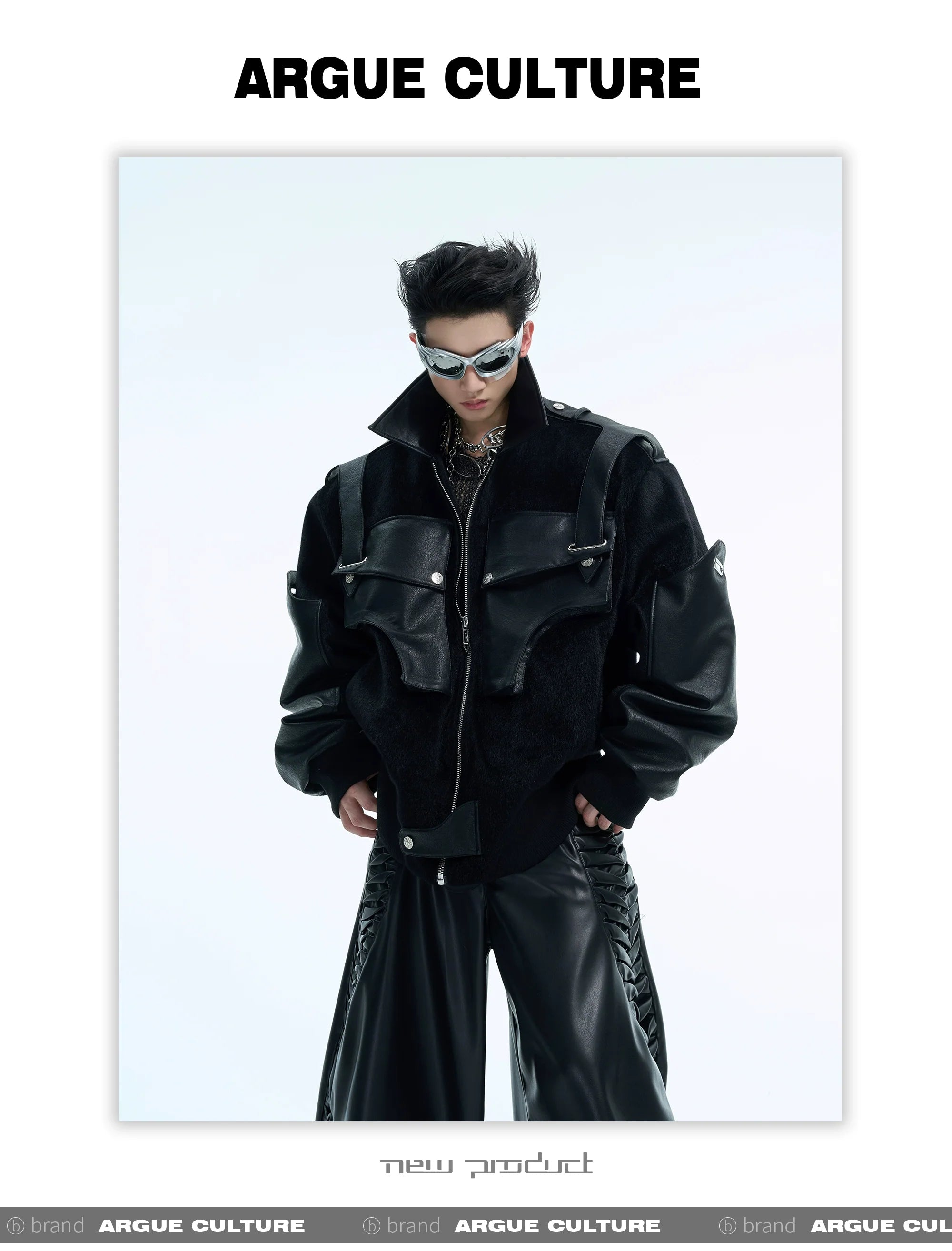 Dual-Fabric Deconstructed PU Leather & Plush Short Bomber Jacket - ArgueCulture