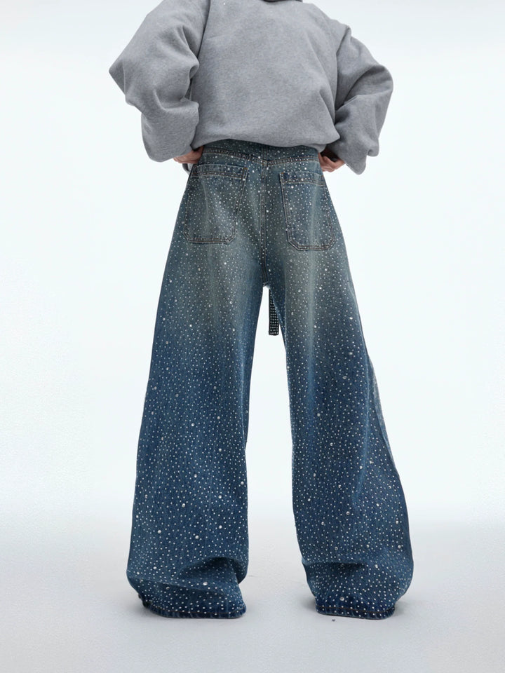 Starry Rhinestone Tie-Detail Wide-Leg Denim Jeans - ArgueCulture