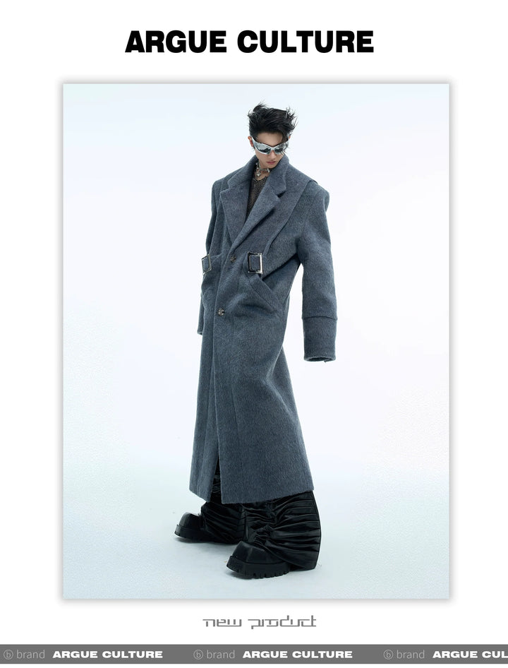 Metal Buckle Wool Coat with Shoulder Pads & Belt for Fall Winter - ArgueCulture