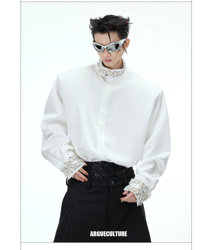 Satin Draped Pearl-Embellished Shirt for Elegant Men & Women - ArgueCulture