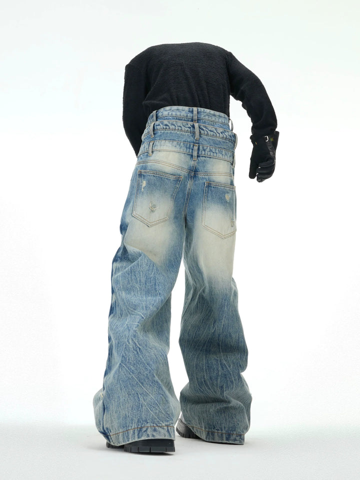 Triple Waistband Wash Blue Denim Jeans Distressed Vintage Design - ArgueCulture