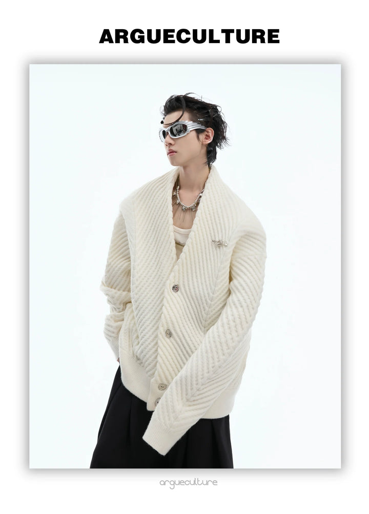 V-Neck Cardigan Sweater with Ribbed Design and Metallic Logo - ArgueCulture