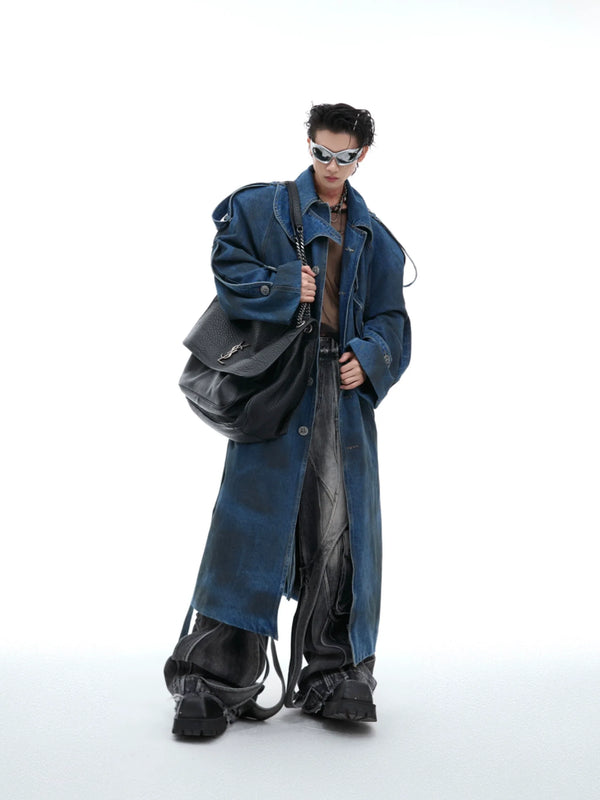 Deconstructed Oversized Denim Trench Coat – Vintage Washed Outerwear - ArgueCulture