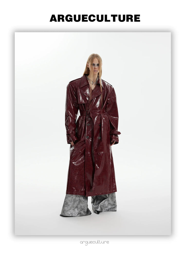 Futuristic Liquid-Look Faux Leather Trench Coat with Shoulder Pads - ArgueCulture