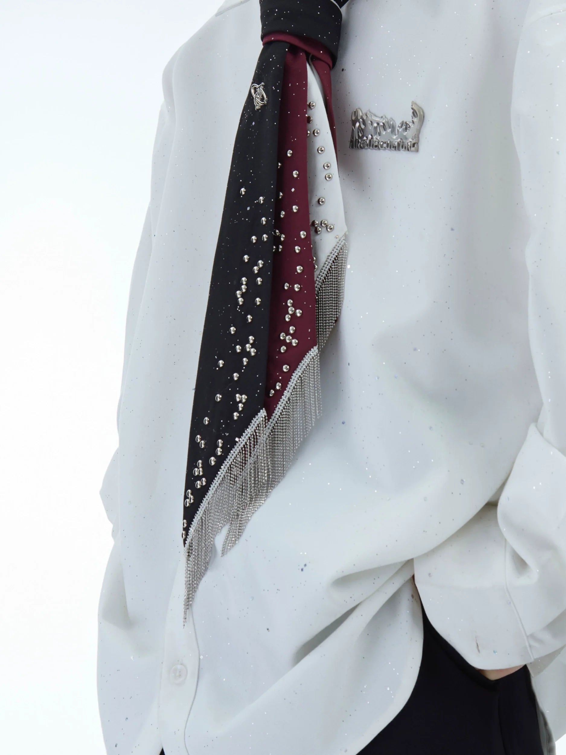 Metal Studded Tie with Tassel Chain and Sparkling Elements - ArgueCulture