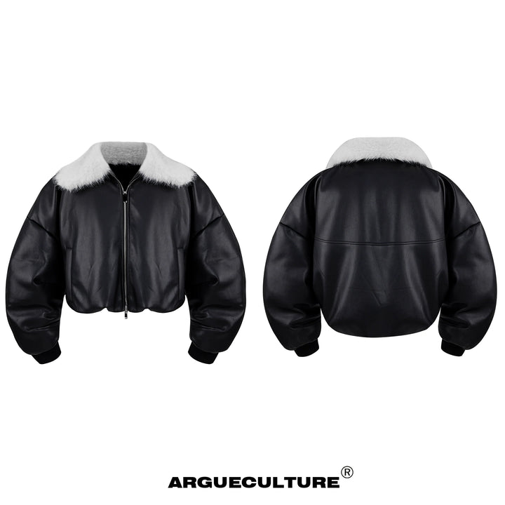 Faux Fur Collar Leather Bomber Jacket with Asymmetrical Design - ArgueCulture