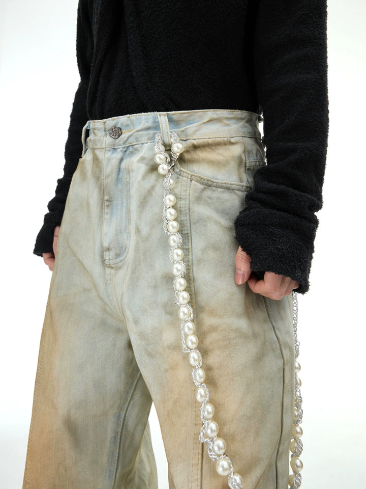 Vintage Pearl-Embellished Flared Jeans ¨C Retro Distressed Denim - ArgueCulture