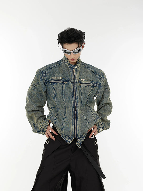 Washed Denim Jacket with Metal Spike Details & Shoulder Pads - ArgueCulture