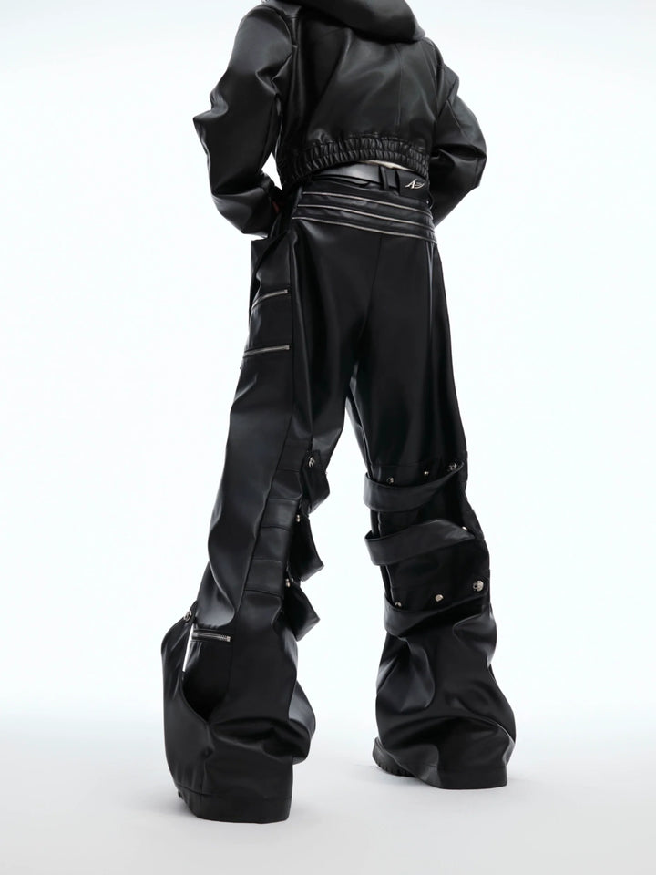 Punk Faux Leather Cargo Pants with Multi-Layer Straps - ArgueCulture