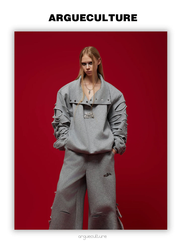 Asymmetrical Cut Fringe Trim Track Suit with Detachable Stand Collar - ArgueCulture