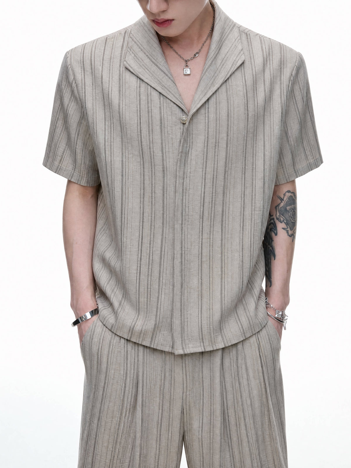 Khaki Striped Cuban Collar Shirt & Trousers - product image 3
