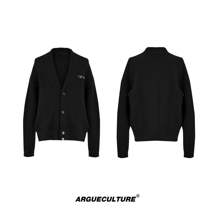 V-Neck Cardigan Sweater with Ribbed Design and Metallic Logo - ArgueCulture