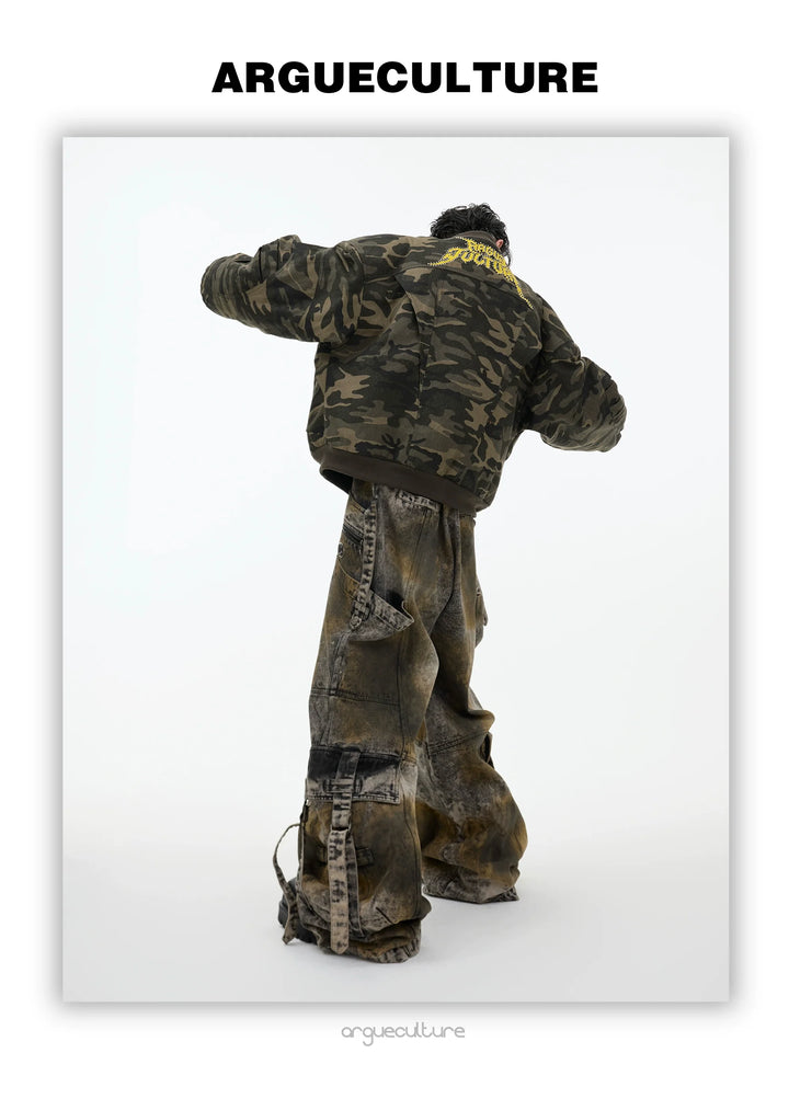 Camo Baseball Jacket with Graffiti and Oversized Pockets - ArgueCulture