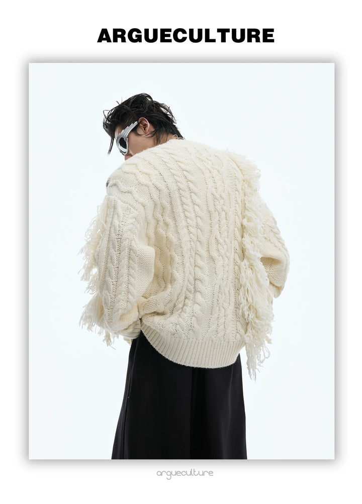 Asymmetrical Ribbed Knit Sweater with Bold Fringe Accents - ArgueCulture