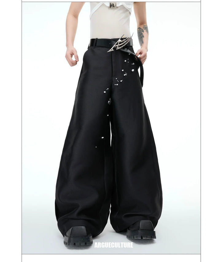 Matte Wide-Leg Pants with Pearl Accents Elegant Design - ArgueCulture