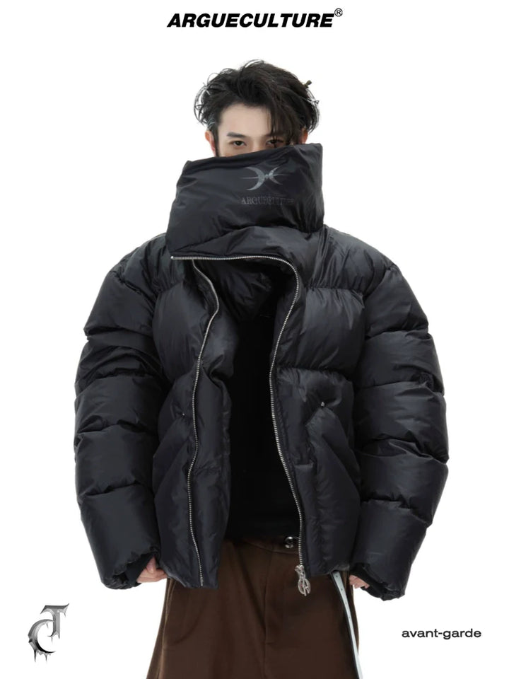 High-Neck Puffer Jacket with Asymmetrical Zipper and Oversized Fit - ArgueCulture