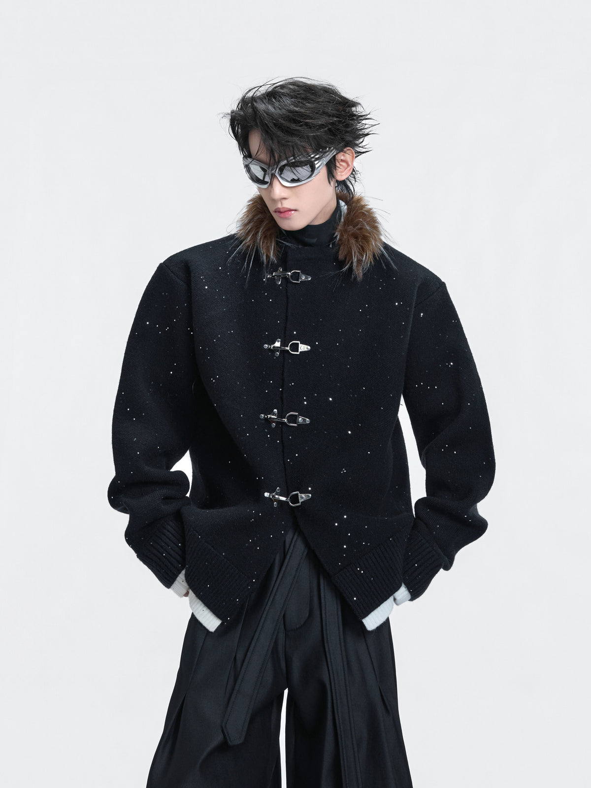 Shimmer Knit Cardigan with Fur Collar - product image 3
