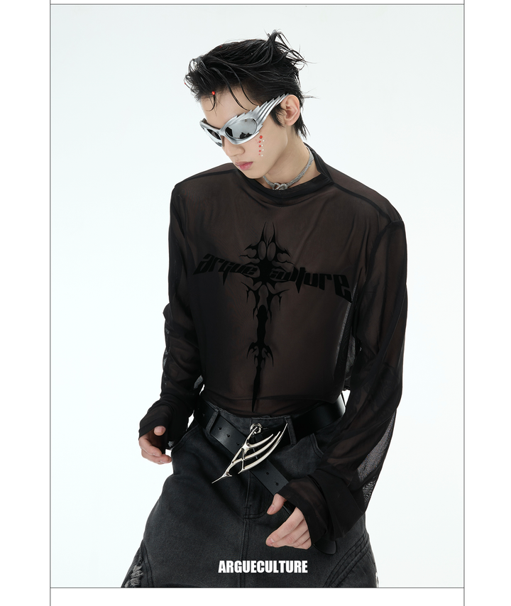 Punk Mesh Long Sleeve Top with See-Through Logo Print – Y2K Streetwear - ArgueCulture