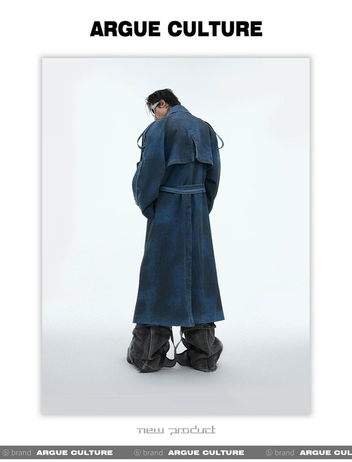 Deconstructed Oversized Denim Trench Coat ¨C Vintage Washed Outerwear - ArgueCulture