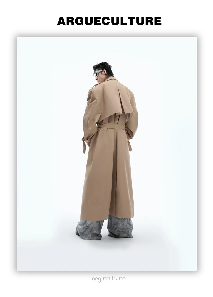 Retro Deconstructed Long Trench Coat with Double-Breasted Design - ArgueCulture