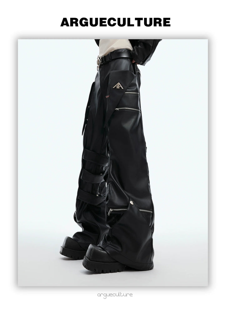 Punk Faux Leather Cargo Pants with Multi-Layer Straps - ArgueCulture