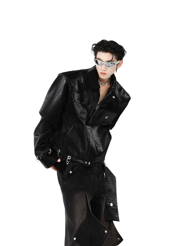 Crocodile PU Leather Jacket with Shoulder Pads and Split Hem Design - ArgueCulture