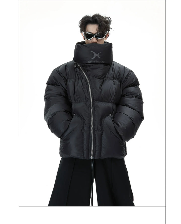 High-Neck Puffer Jacket with Asymmetrical Zipper and Oversized Fit - ArgueCulture