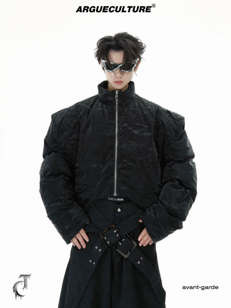 Short Deconstructed Puffer Jacket with Glossy Texture - ArgueCulture