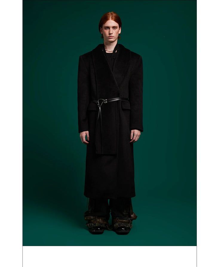 Metal Strap Wool Long Coat with Oversized Scarf Lapel - ArgueCulture