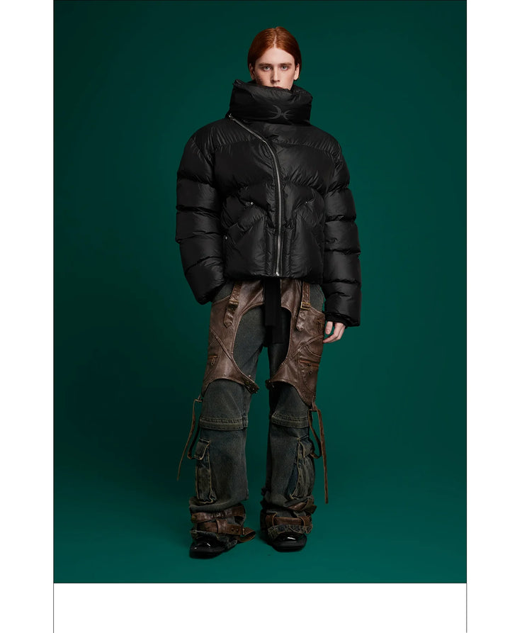 High-Neck Puffer Jacket with Asymmetrical Zipper and Oversized Fit - ArgueCulture