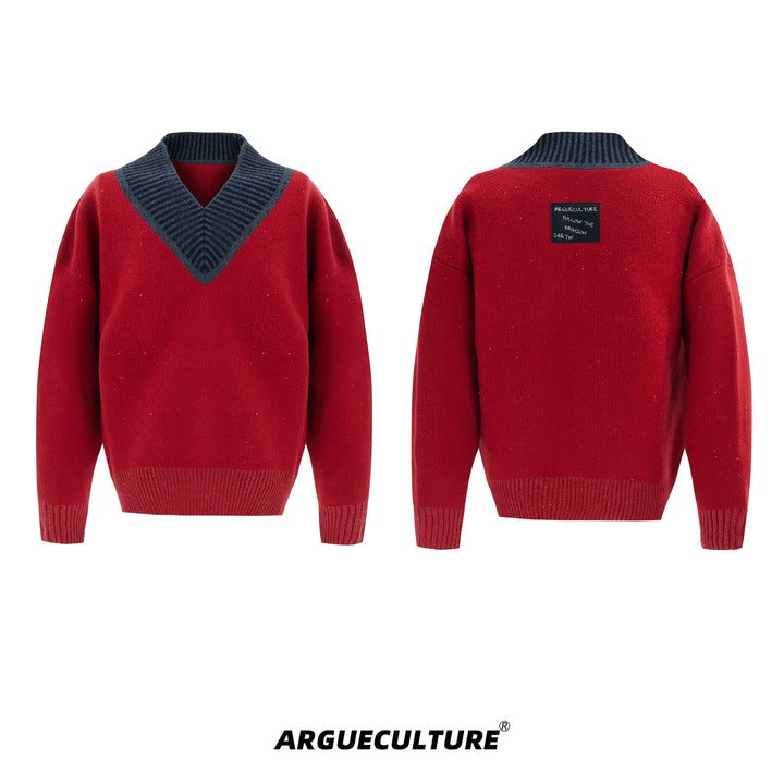 V-Neck Knit Sweater with Contrast Stitching and Leather Logo - ArgueCulture