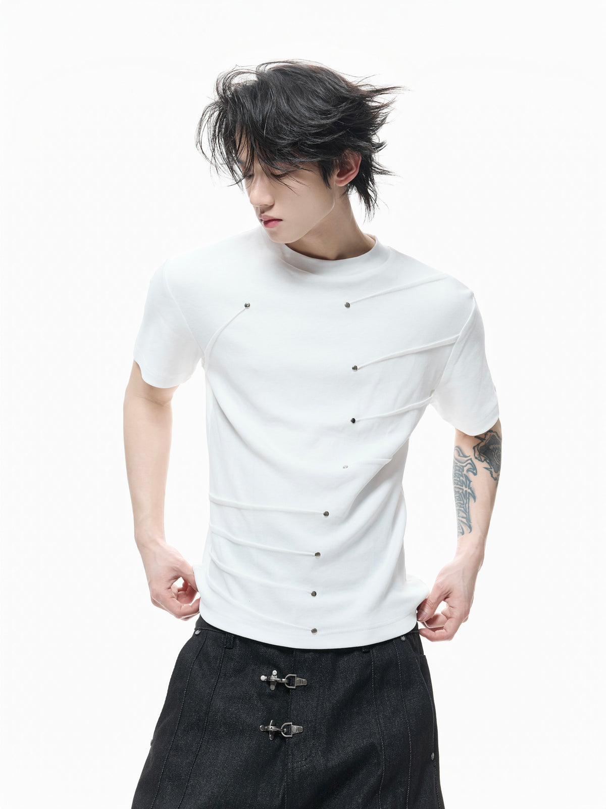 Metal Stud Pleated Crewneck T-Shirt - product image 2