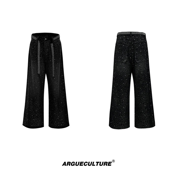 Starry Rhinestone Tie-Detail Wide-Leg Denim Jeans - ArgueCulture