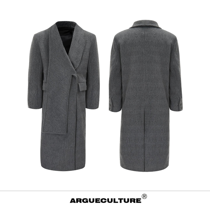 Metal Strap Wool Long Coat with Oversized Scarf Lapel - ArgueCulture