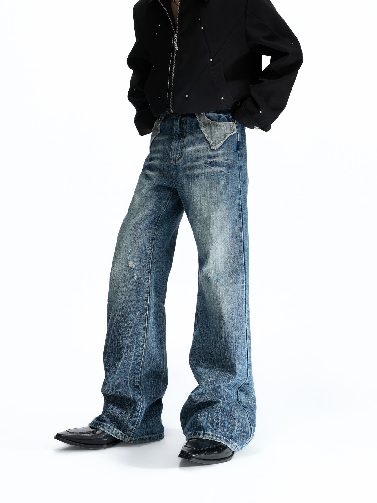 Deep Blue Distressed Bootcut Jeans - product image 1