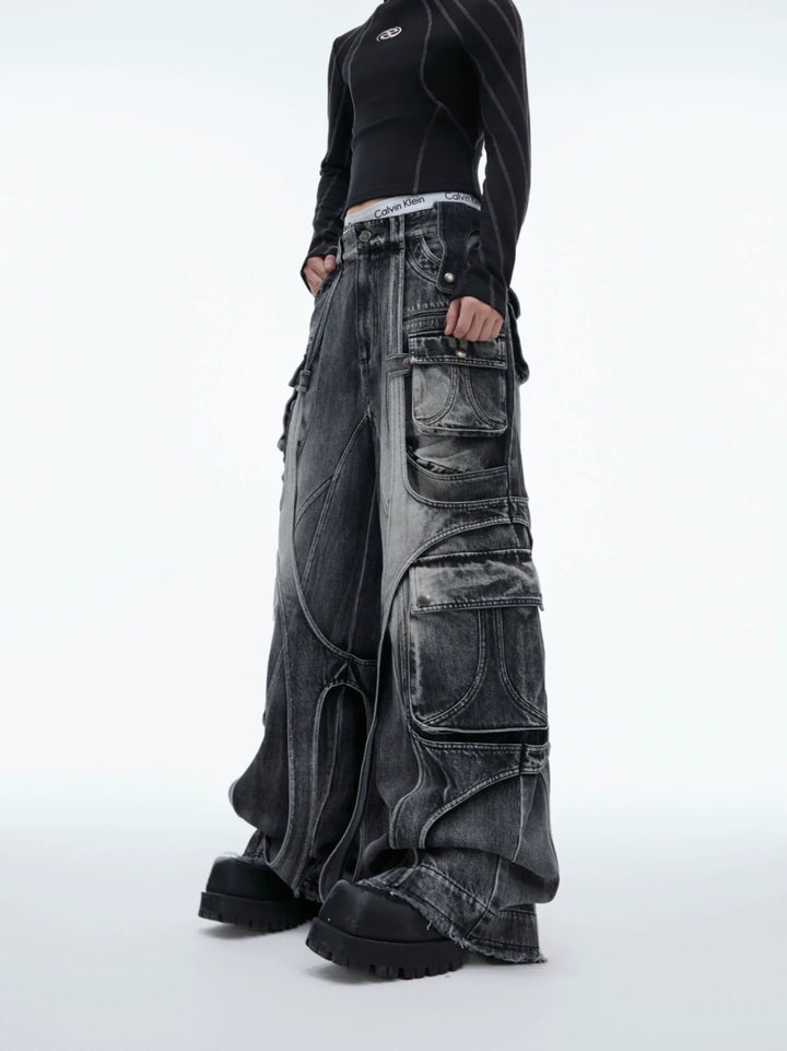 Vintage Washed Wide-Leg Denim Cargo Pants with Strap Details - ArgueCulture