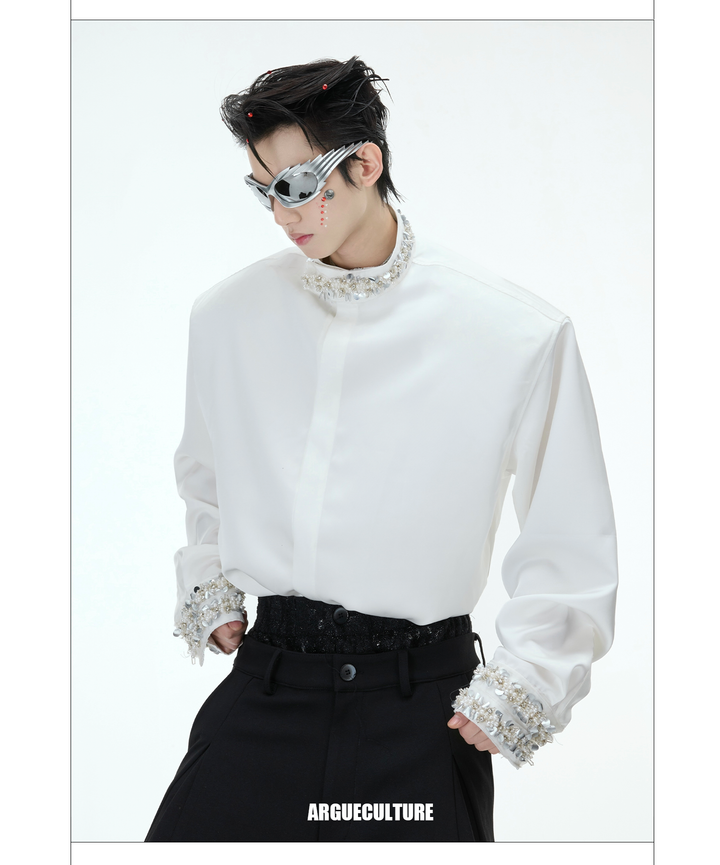 Satin Draped Pearl-Embellished Shirt for Elegant Men & Women - ArgueCulture